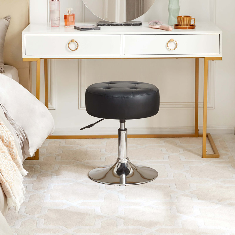 Highfill Adjustable Swivel Vanity Stool Tufted Leather Seat, Black
