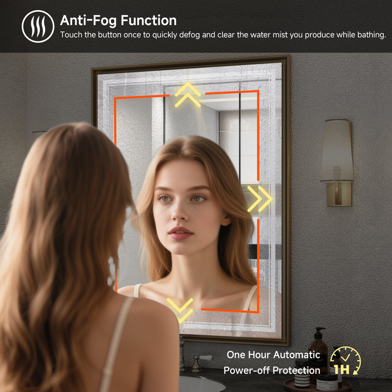 Bathroom Vanity Mirror Framed Led Bathroom Mirror Rectangle Lighted Wall Mounted Mirror Anti-Fog Dimmable 3 Frontlit (Horizontal/Vertical)