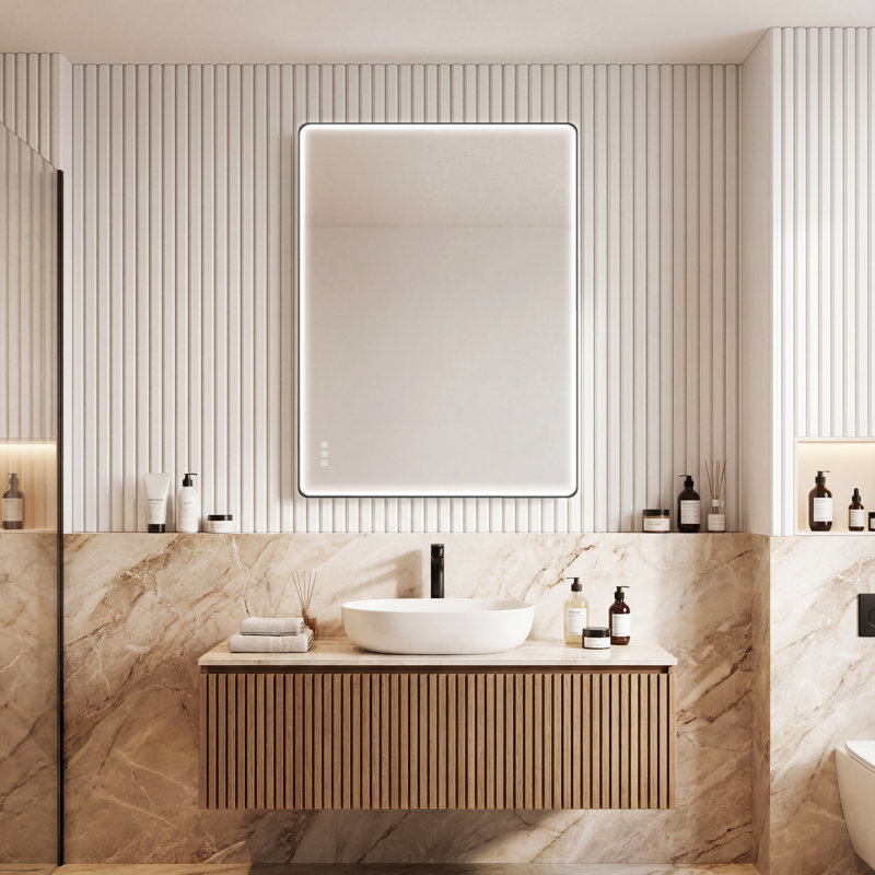 Miroir de salle de bain à DEL avec éclairage à intensité variable 3 couleurs, fonction mémoire et antibuée, rectangulaire