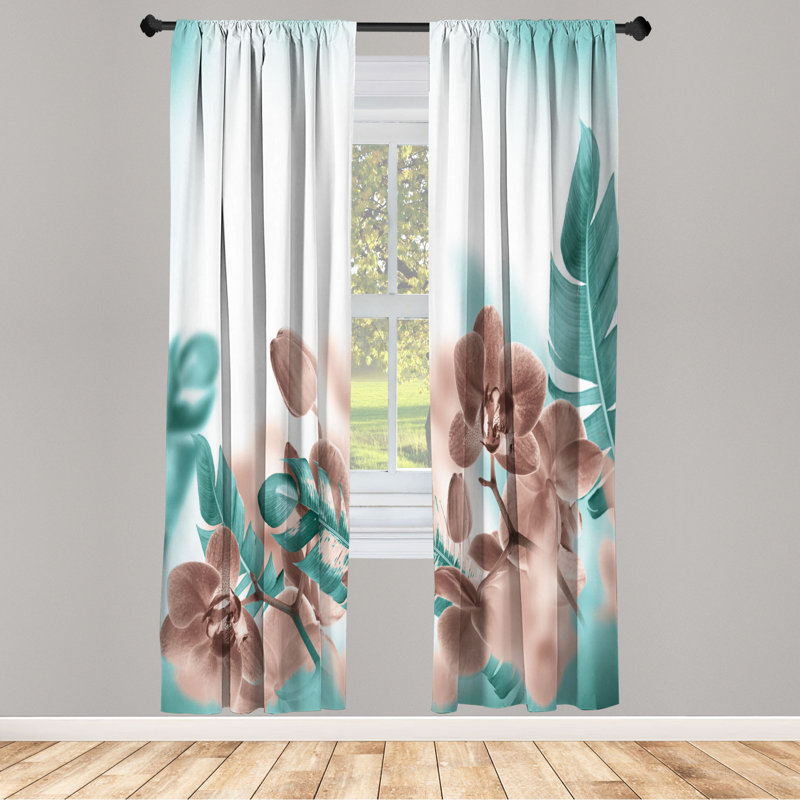 Microfiber Floral Semi-Sheer Rod Pocket Curtain Panels, 28" W x 84" L, Brown/Teal.White