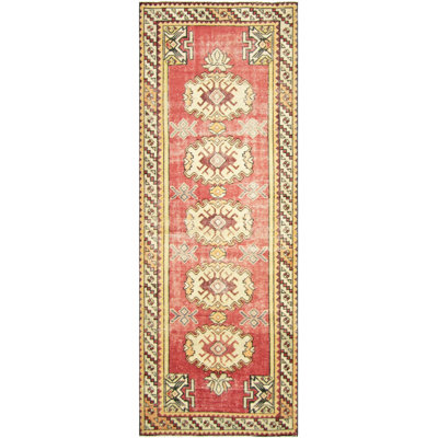 One-of-a-Kind Hand-Knotted 1960s 3'2" x 9'4" Runner Wool Area Rug in Red/Yellow/Brown