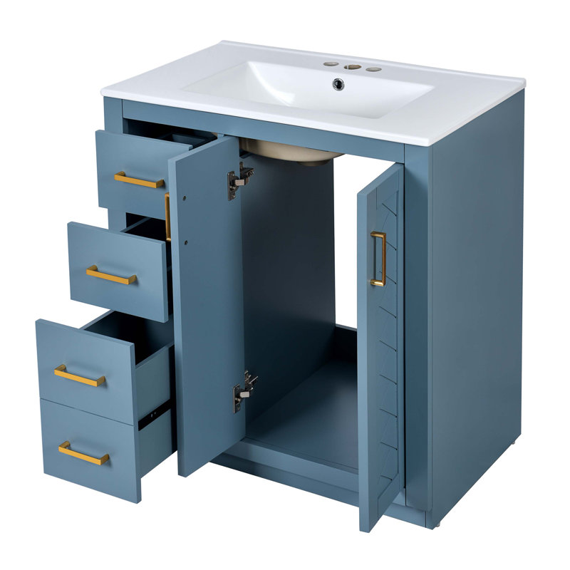 30'' Bathroom Vanity with Ceramic Sink Combo,Solid Wood Frame Bathroom Storage Cabinet, Indigo