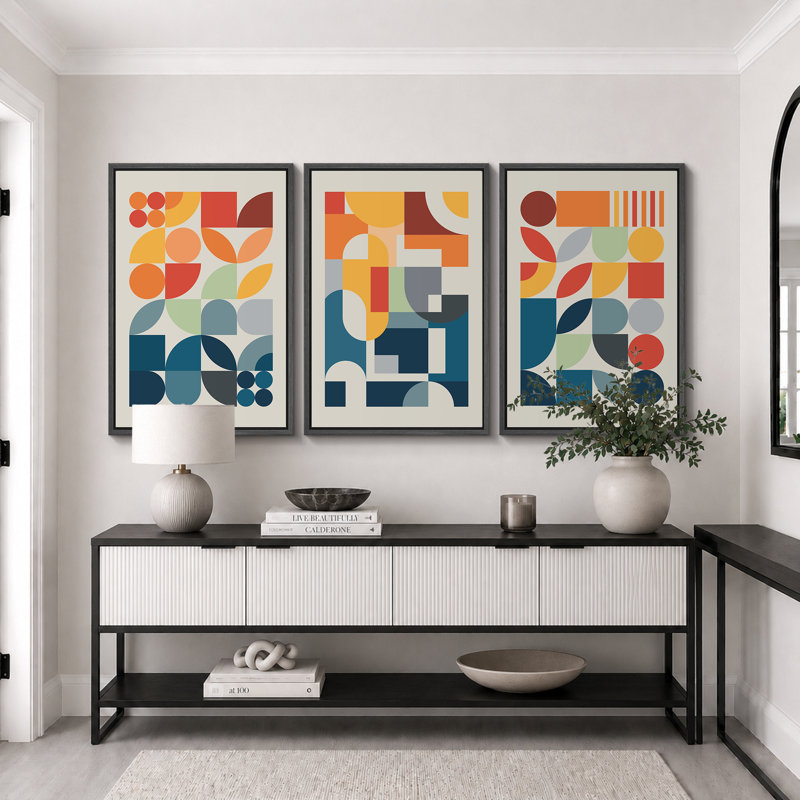 Abstrait, couleurs vives et abstraites «Œuvre abstraite et audacieuse bleu orange contemporain, images bohème de style Mid-Century moderne, impression numérique sur toile 3 pièces  