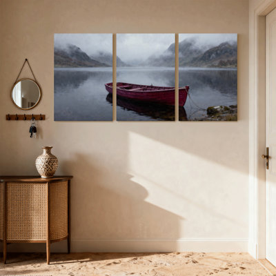 Nautical & Beach Red Boat On Calm Lake With Misty Mountains Set of 3 Canvas Wall Art Prints