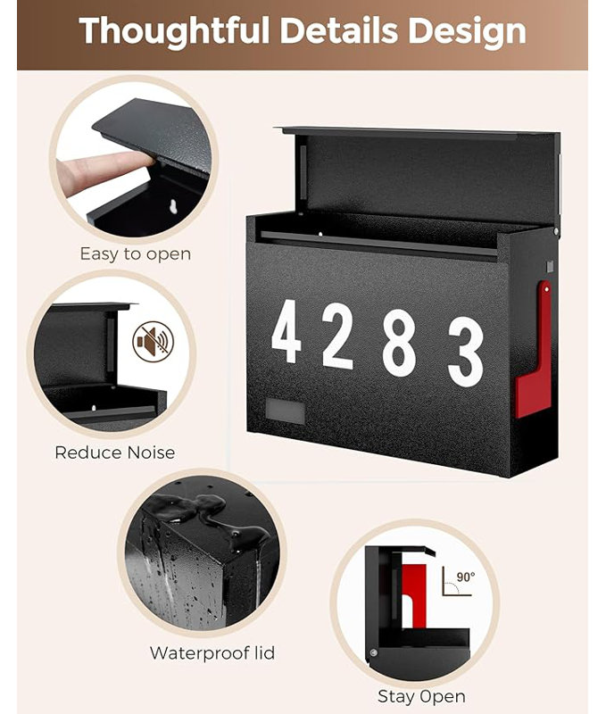 Black Metal Wall Mount Mailbox with Red Flag and Number Stickers