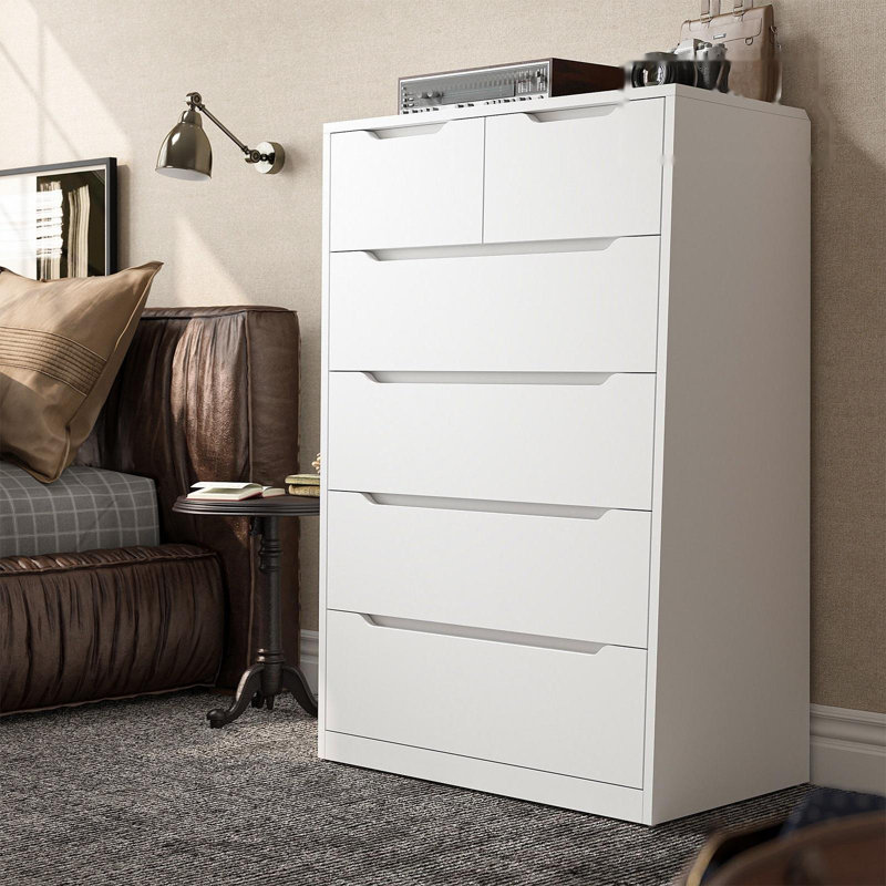 Commode à 6 tiroirs, commodes en bois et commodes avec rail en métal lisse et base trapézoïdale plus large pour une meilleure stabilité, blanc