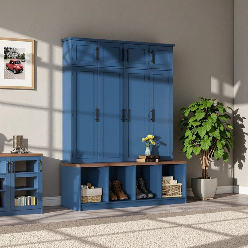 Banc de hall d'entrée 59 po avec 8 armoires de rangement et 4 compartiments ouverts en MDF, Bleu