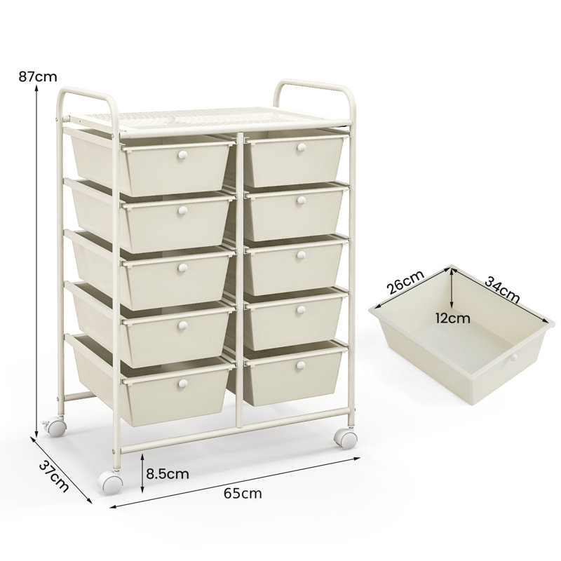 Nally 10 Drawer Storage Drawer with Locking Wheels, White