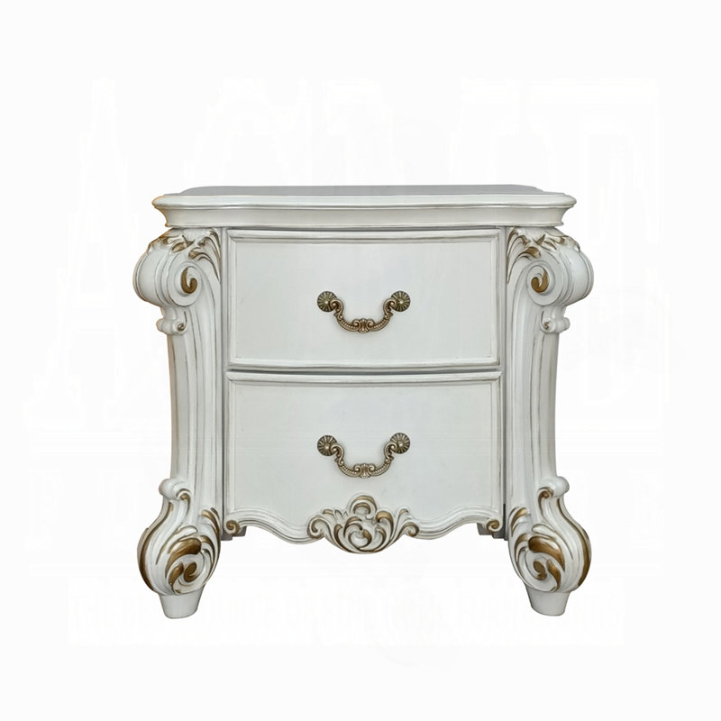 Table de chevet 2 tiroirs avec pieds volutes surdimensionnés, perle antique