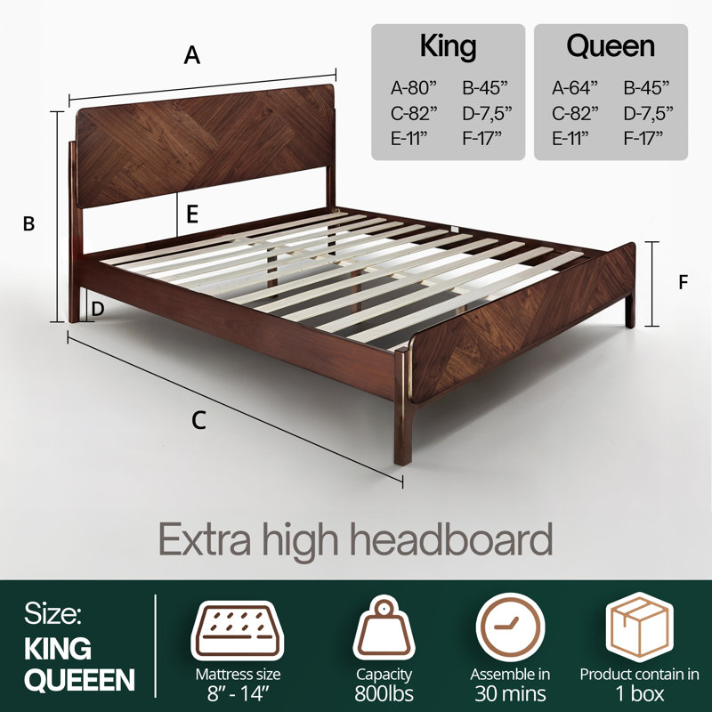 RORNS Bifrost 100% Solid Acacia Wood Queen Platform Bed with Tall Headboard and Footboard, Mid-Century Art Deco Design, No Box Spring Needed, Sturdy Slat Support, Scratch & Water-Resistant, Walnut Finish
