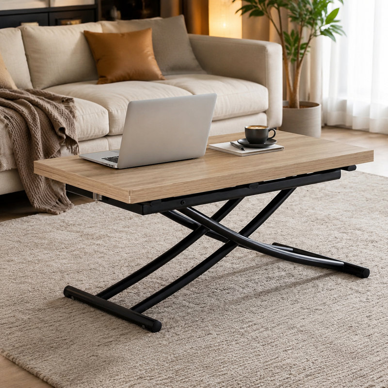 43.3" Modern Convertible Coffee-to-Dining Lift Table with Folding Top and Adjustable Height, Natural Wood, Black