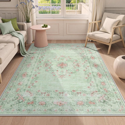 Kaldi Floral Bow Washable Area Rug, Soft Non-Slip Ultra-Thin Vintage Floral Carpet for Living Room, Bedroom & Nursery