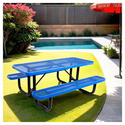 6 Ft. Rectangular Outdoor Steel Picnic Table With Umbrella Pole In Blue