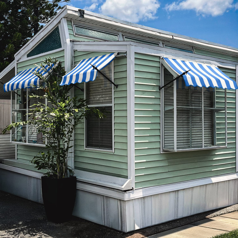Awntech New Orleans Acrylic Fabric Fixed Awning with Iron Spear Arms, 24" H x 100.5" W x 16" D, Bright Blue/White Stripe