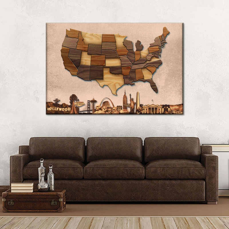 Carte des États-Unis en bois sculpté sur toile, H 8 po x l 12 po x P 1 po