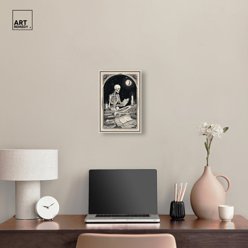 «Skeleton Reader», impression sur toile encadrée par Art Remedy, cadre argenté, 10 x 15, H 16 po x l 11 po, Cadre argenté