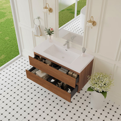 Meuble-lavabo mural de 42 po avec lavabo, meuble-lavabo mural moderne avec lavabo à surface solide et tiroirs à fermeture en douceur, noyer doré miel