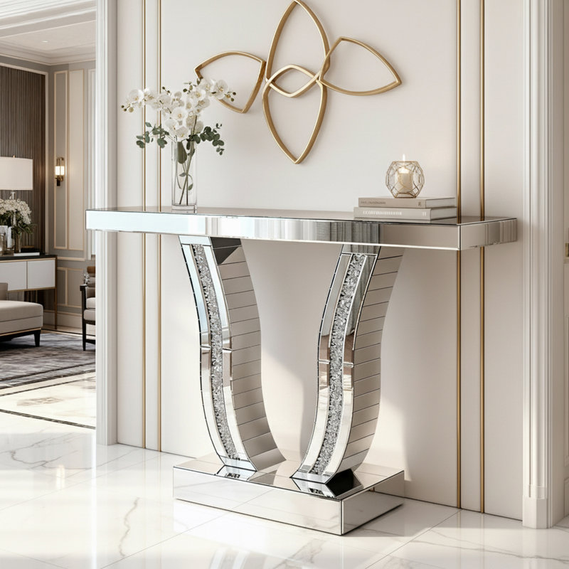 Console à miroir avec pieds courbés incrustés de pierre