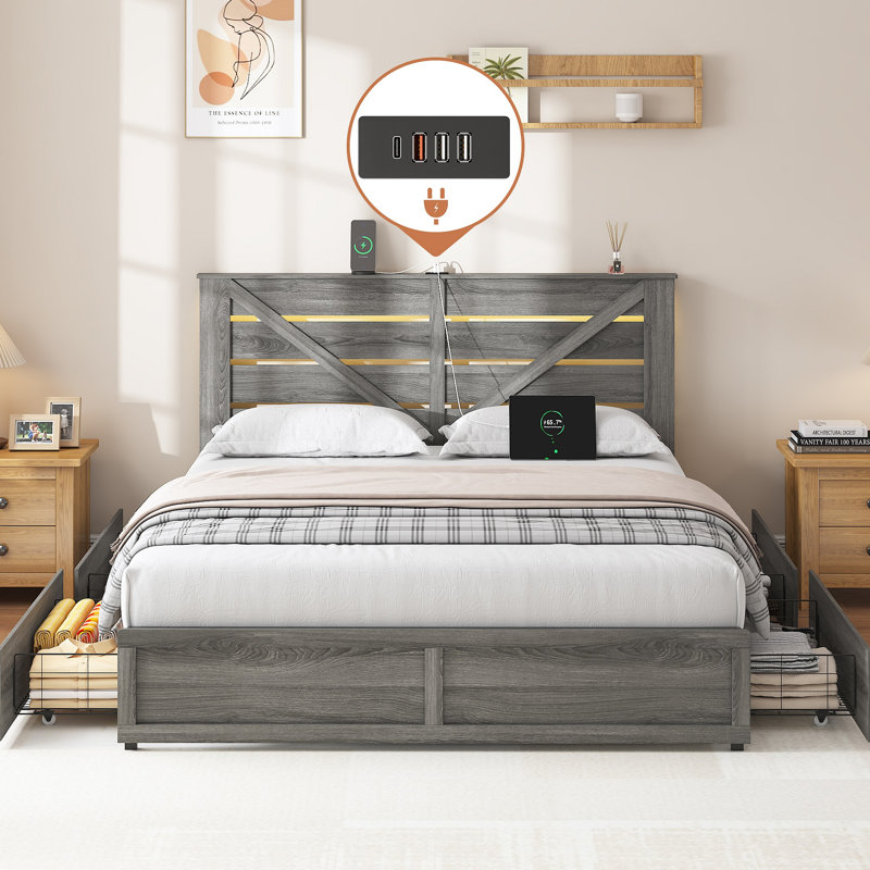 Structure de lit avec tête de lit avec rangement (4 tiroirs de rangement sur le corps du lit et éclairage DEL) - Plateforme de support de matelas en métal antidérapante et sans bruit + Base de lattes en métal robuste