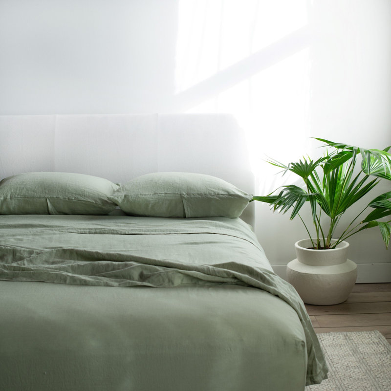 100% French Linen Sheet Set, California King Sheet Set with 2 Pillowcases, Matcha