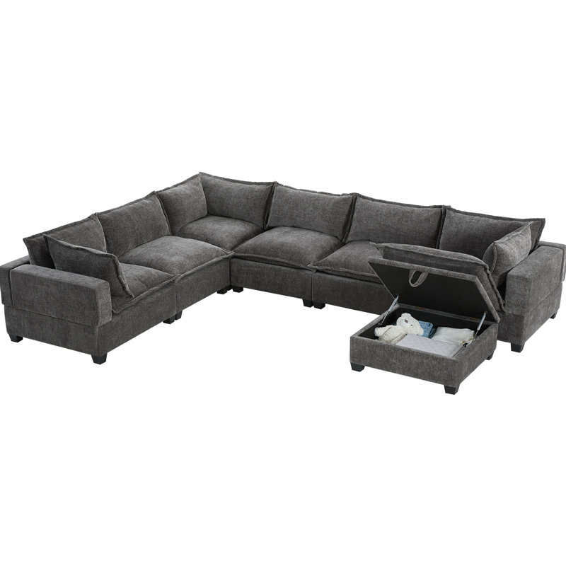 Canapé modulaire de 118 po avec repose-pieds de rangement mobile, canapé 7 places en forme de U, siège large et combinaison libre, canapé surdimensionné en chenille pour salon et appartement, 2 couleurs