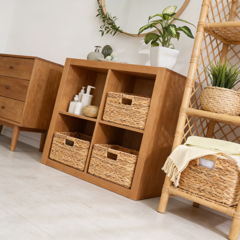 Paniers de rangement en jacinthe d'eau tissés à la main avec poignées, bacs cubiques pliables tissés pour l'organisation à la maison, la lessive et le rangement des tablettes
