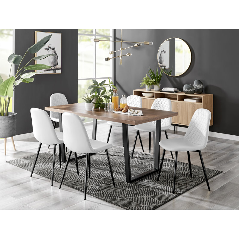 Kylooe Modern Brown Wood And Black Metal Dining Table Set With 6 Luxury Faux Leather Dining Chairs, White/Black