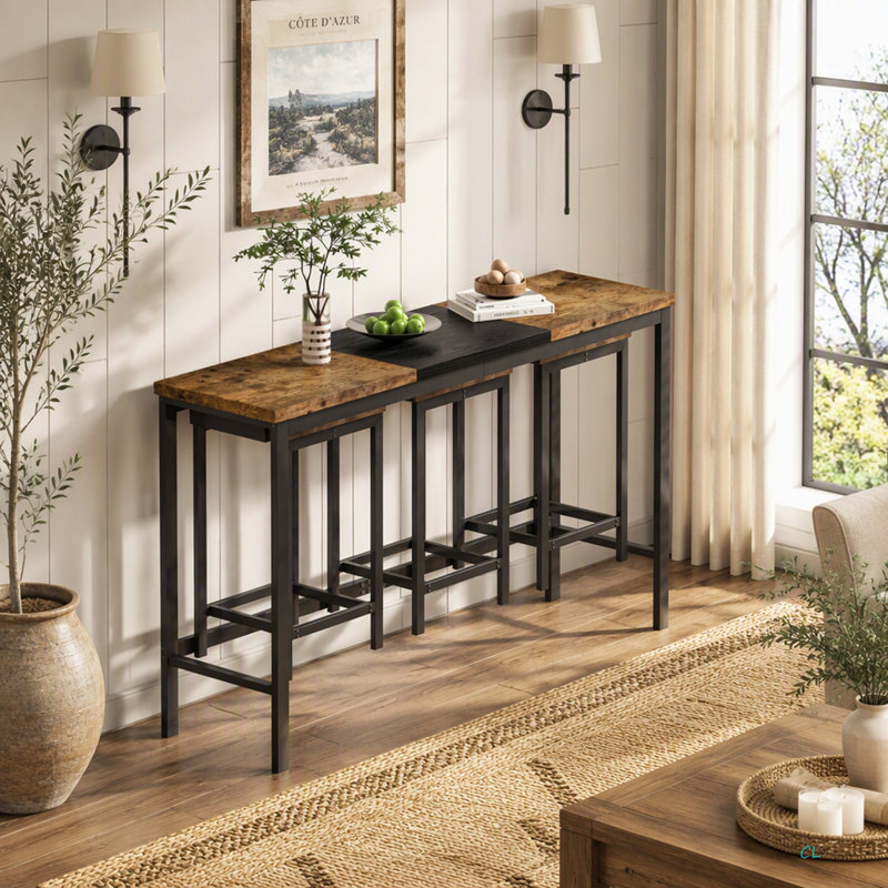 Modern Design Kitchen Dining Table, Pub Table, Long Dining Table Set With 3 Stools, Convenient Hanging Stool Design