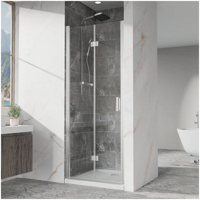 Portes de douche pivotantes, porte de douche battante pliante sans cadre l 32 po x H 72 po, verre trempé transparent de 1/4 po (6 mm), quincaillerie à finition chromée, installation réversible