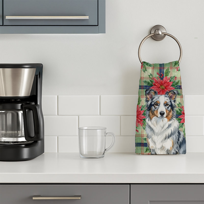 Blue Merle Border Collie Christmas PoinsettIas Kitchen Towel, Blue Merle Border Collie