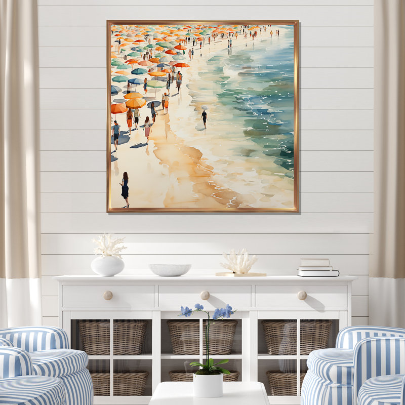 «Orange Umbrella Beach Day Tranquitt II - Beach People», art mural, Silver Picture Framed, H 30 po x l 30 po