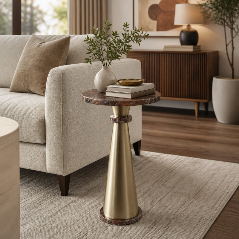 Table d'appoint moderne en métal avec plateau en pierre et base conique, idéale pour un coin lecture - Table d'appoint contemporaine au profil étroit pour le salon - 63,5 cm, couleur or et beige