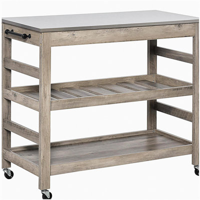 Mobile kitchen cart with stainless steel countertop, 1 bottom shelf, 1 slotted middle shelf, 4 swivel wheels, gray