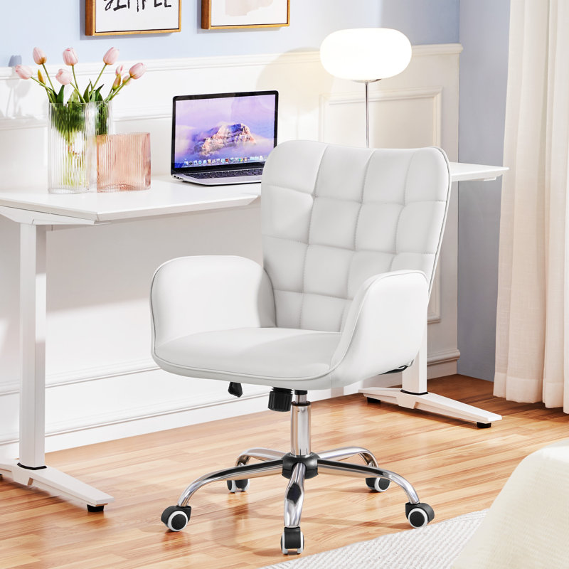 Poche Faux Leather Desk Chair with Padded Armrests, White