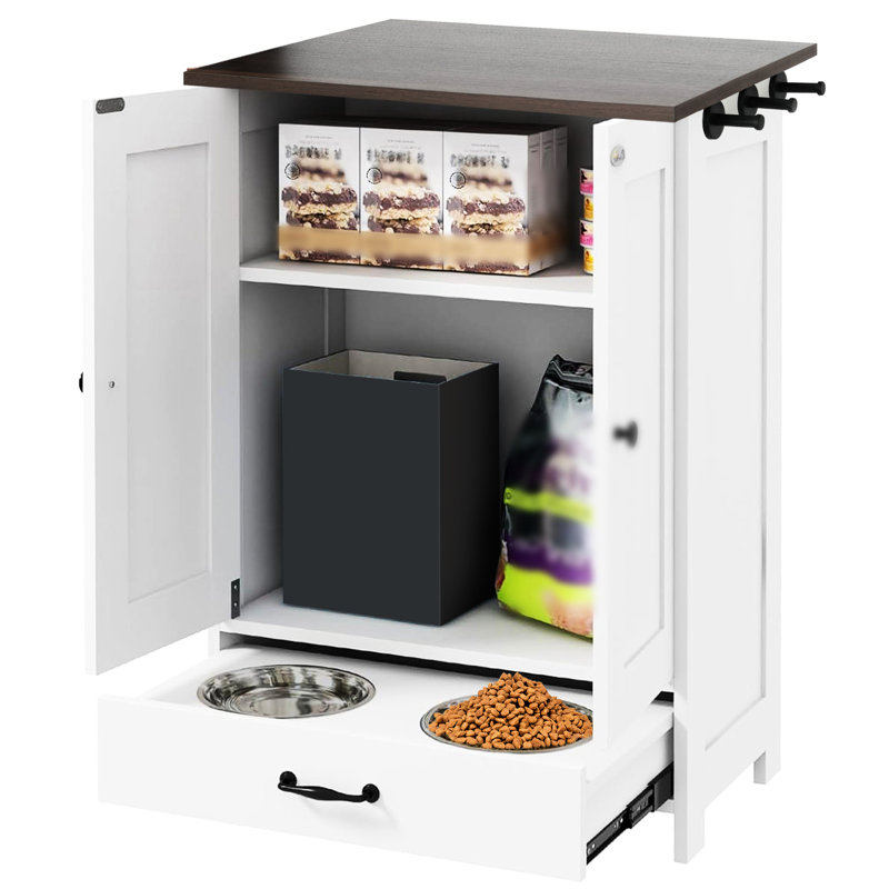 Station d'alimentation pour chien de taille moyenne, couleur blanche, tiroirs coulissants cachés, trois crochets, bols en acier inoxydable, armoire de rangement facile à nettoyer avec panneau réglable, blanc, convient à la chambre à coucher,