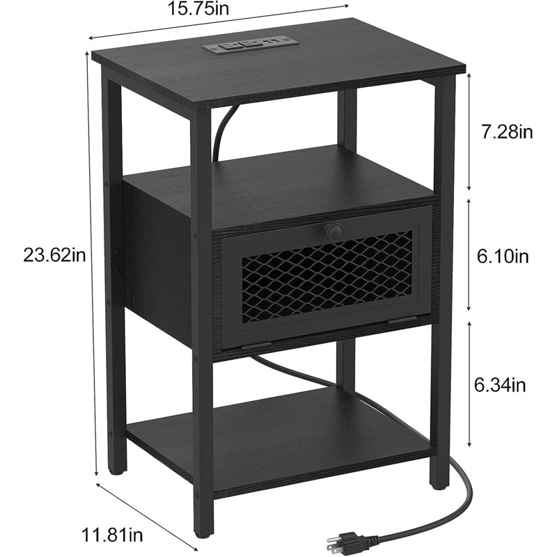 End Table Set and Built-In Outlets, Black