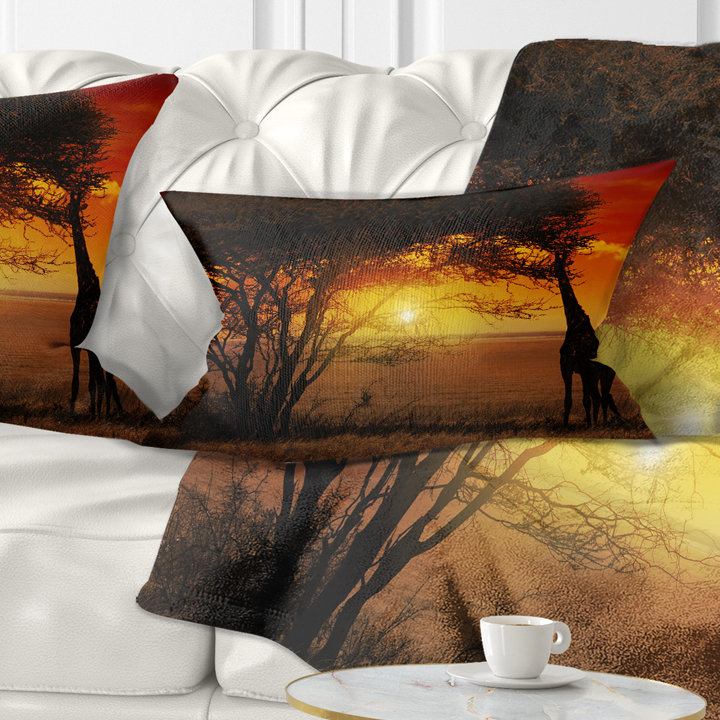 Typical African Sunset with Giraffe African Lumbar Pillow Design Art
