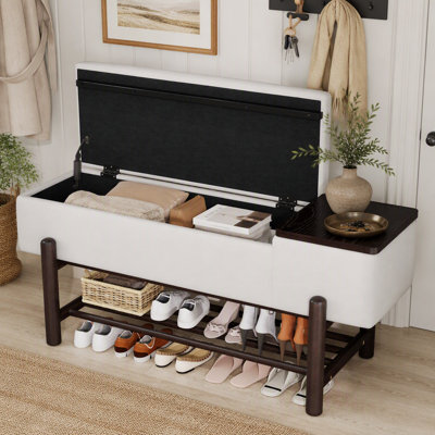 Banc de rangement rembourré moderne, banc d'entrée de ferme avec compartiment caché, pieds en bois d'hévéa et rangement double pour la chambre à coucher du couloir