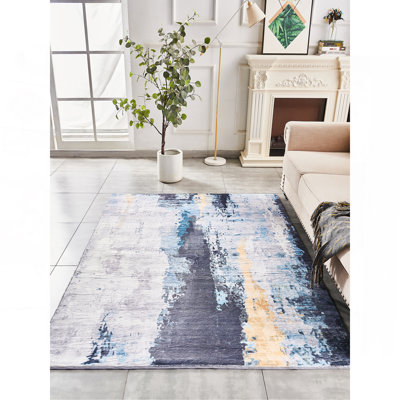 Tapis à motif abstrait gris et bleu lavable à la machine