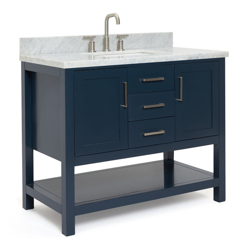 43'' Single Bathroom Vanity with Carrara Marble Top, Midnight Blue