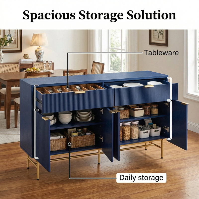 69" Fluted Sideboard Buffet Cabinet with 2 Drawers & 4 Doors, Soft-Close Hinges, Modern Accent Cabinet, Gold/Blue