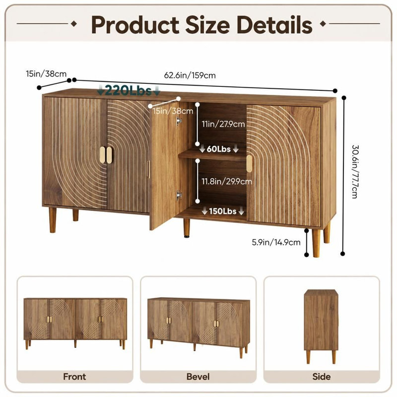 Buffet multifonctionnel à 4 portes avec rangement, dosseret rainuré, meuble d'appoint avec tablette réglable et système antibasculement, pieds robustes en bois massif