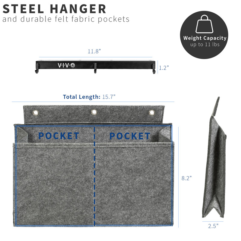 Sleek Modern Gray Felt & Steel Side Desk Storage Pocket