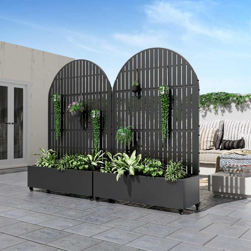 Arch Metal Planter Box with Trellis with Wheels, 72" H x 47" W x 16" D