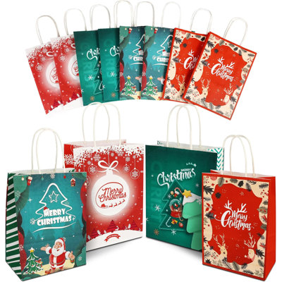 12 sacs en papier kraft avec poignées 12 pièces, 6,3 po x 3,15 po x 8,7 po, 4 motifs festifs assortis, sacs de cadeaux en vrac pour cadeaux, bonbons et cadeaux