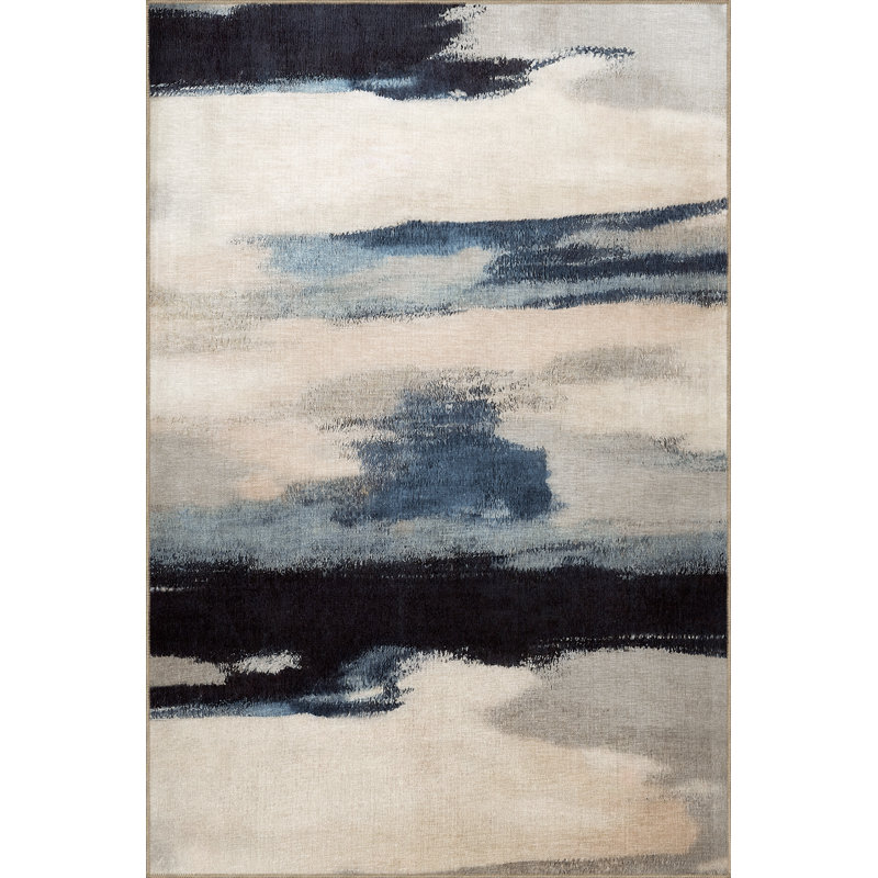 Tapis décoratif moderne beige et bleu à motifs abstraits, Tapis de couloir 3 pi 9,81 po x 6 pi 6,74 po