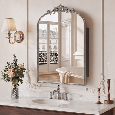24"x35" Vintage Rectangle Medicine Cabinet with Mirror, Wall Mounted Bathroom Storage with Recessed/Surface Mount Options, Baroque Retro Design,Silver Beaded Border, Easy Installation
