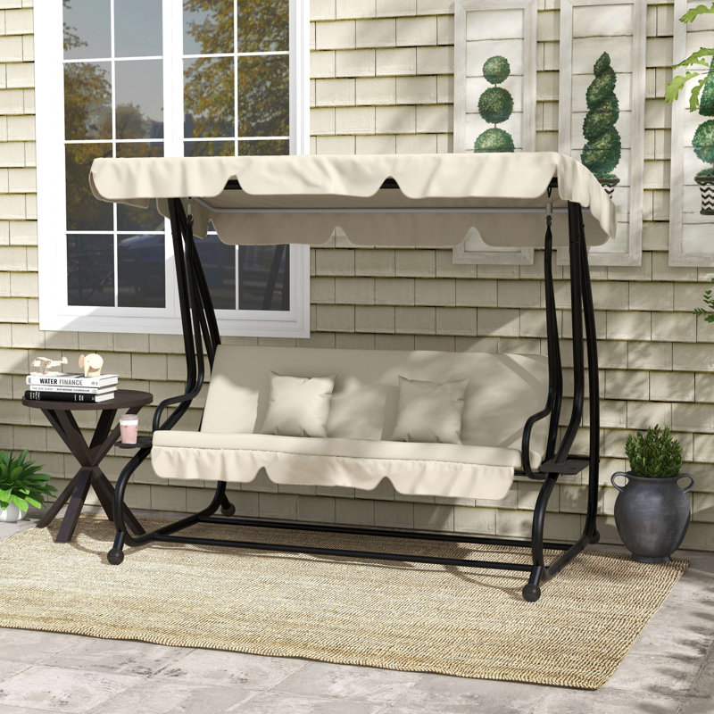 3 Person Porch Swing with Canopy, Cream White, Black