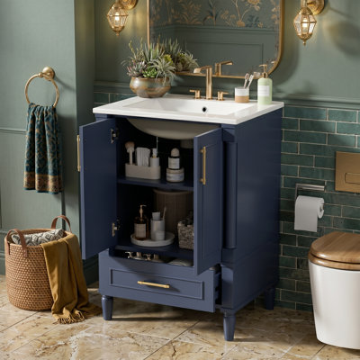 Meuble-lavabo 24 po avec lavabo en céramique, armoire simple autoportante en bois massif avec tiroir et pieds cylindriques