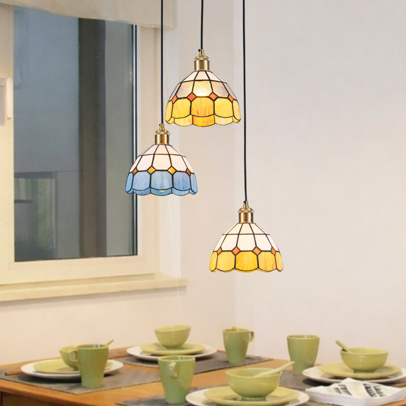  Luminaire suspendu vintage en verre 3 lumières Tiffany, Mediterranean Tiffany Style, Bleu / Rouge / Jaune